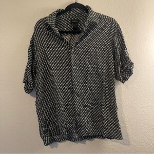 Claiborne Womens Black White Patterned Geometric Short Sleeve Button Down Large